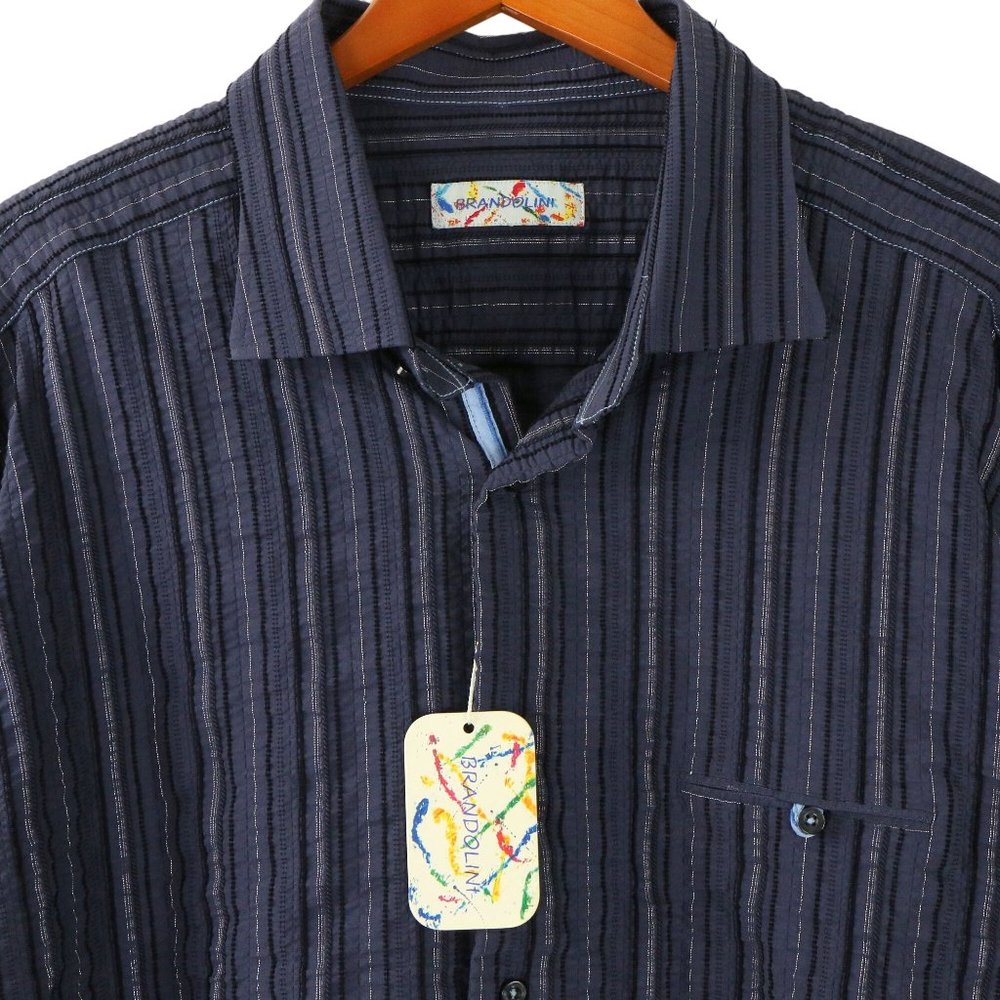 NWT Brandolini Textured Stripe Navy Blue Mens Button Front Shirt XXL - Picture 2 of 7